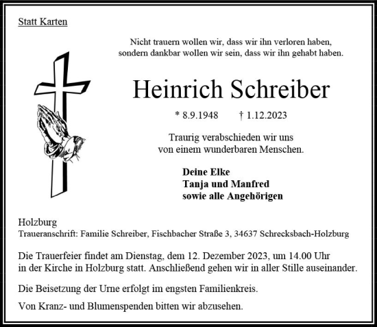 Traueranzeige von Heinrich Schreiber von VRM Trauer