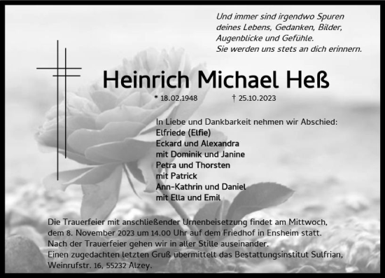 Traueranzeige von Heinrich Michael Heß von Allgemeine Zeitung Alzey