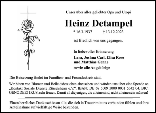 Traueranzeige von Heinz Detampel von Rüsselsheimer Echo