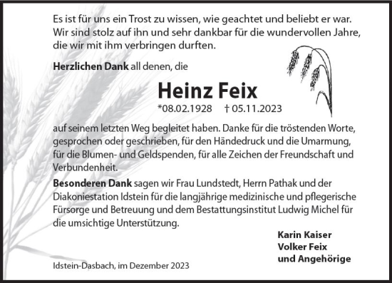 Traueranzeige von Heinz Feix von Idsteiner Land/Untertaunus