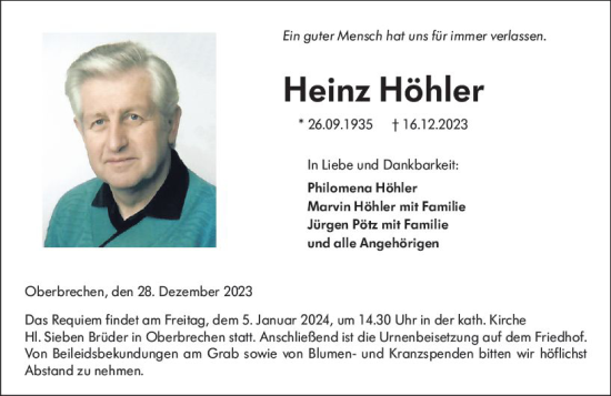 Traueranzeige von Heinz Höhler von Camberger Anzeiger