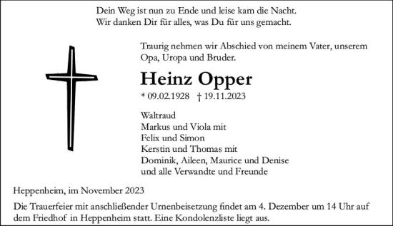Traueranzeige von Heinz Opper von Starkenburger Echo
