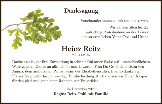 Traueranzeige von Heinz Reitz von Darmstädter Echo