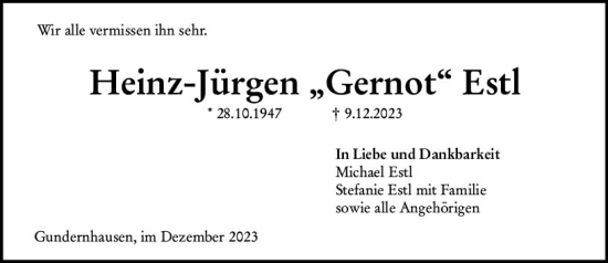 Traueranzeige von Heinz Jürgen Estl von Darmstädter Echo