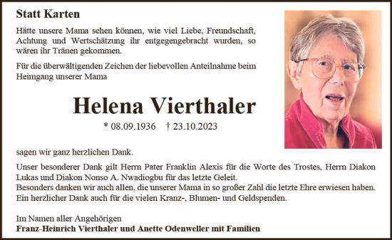 Traueranzeige von Helena Vierthaler von Allgemeine Zeitung Mainz