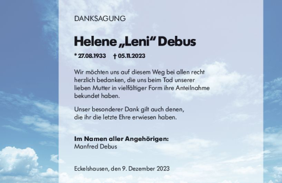 Traueranzeige von Helene  Debus von Hinterländer Anzeiger