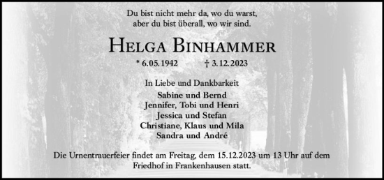 Traueranzeige von Helga Binhammer von Darmstädter Echo