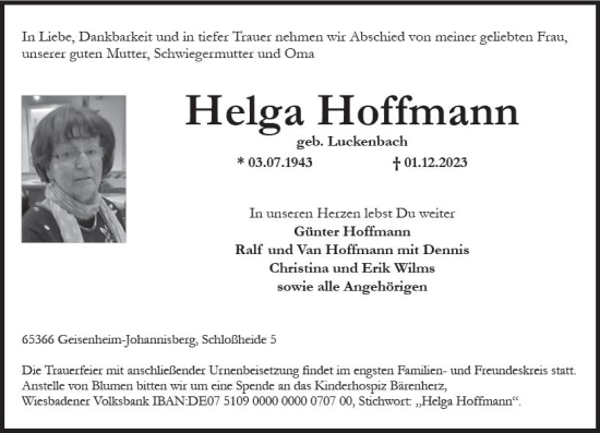Traueranzeige von Helga Hoffmann von Rheingau Kurier