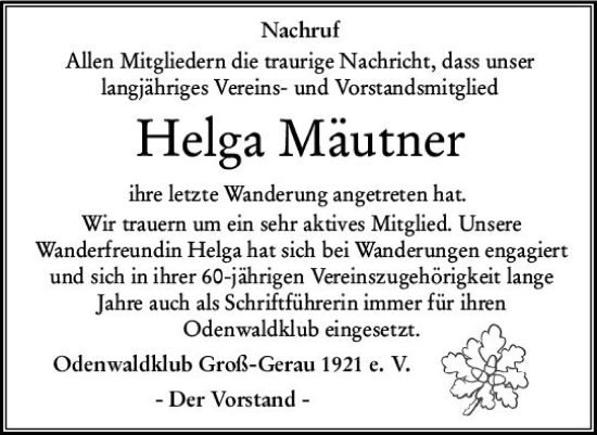 Traueranzeige von Helga Mäutner von Groß-Gerauer Echo