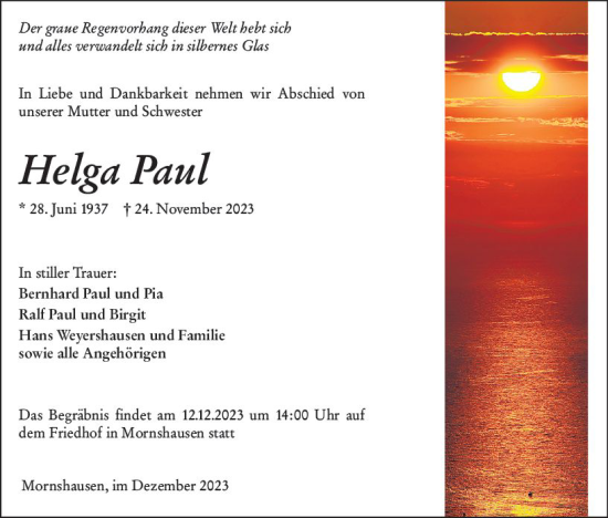 Traueranzeige von Helga Paul von Hinterländer Anzeiger