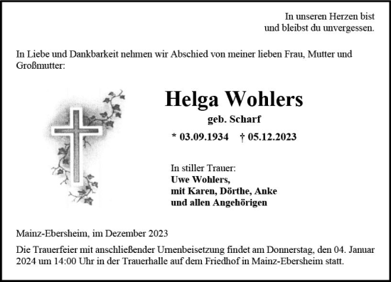 Traueranzeige von Helga Wohlers von Allgemeine Zeitung Mainz