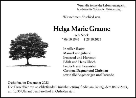Traueranzeige von Helga Marie Graune von Wormser Zeitung