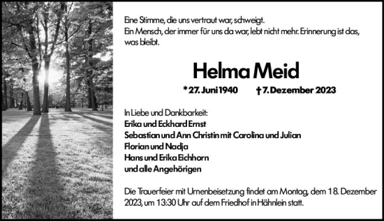 Traueranzeige von Helma Meid von Darmstädter Echo