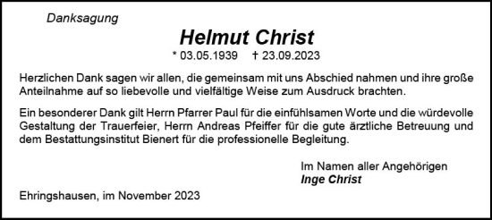 Traueranzeige von Helmut Christ von Wetzlarer Neue Zeitung