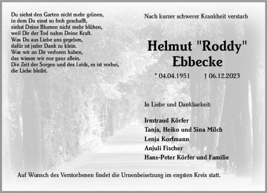 Traueranzeige von Helmut Ebbecke von Allgemeine Zeitung Alzey