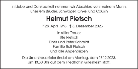 Traueranzeige von Helmut Pietsch von Darmstädter Echo