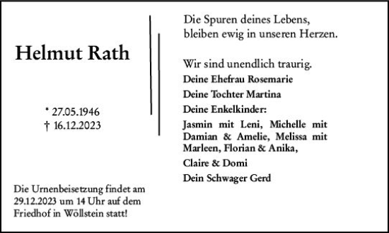 Traueranzeige von Helmut Rath von Allgemeine Zeitung Alzey