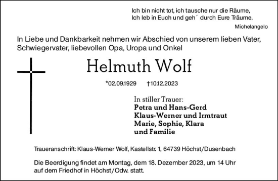 Traueranzeige von Helmuth Wolf von Odenwälder Echo