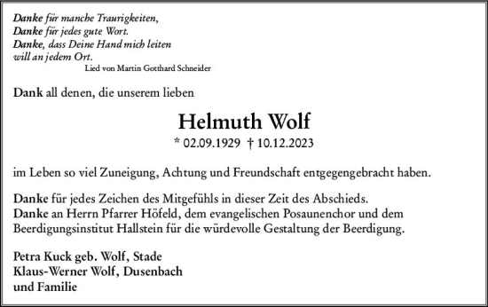 Traueranzeige von Helmuth Wolf von Odenwälder Echo