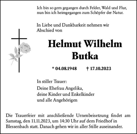 Traueranzeige von Helmut Wilhelm Butka von Weilburger Tageblatt