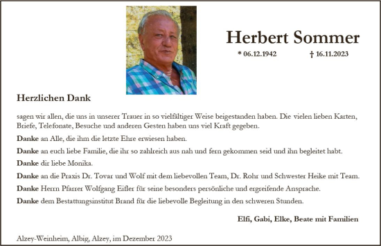 Traueranzeige von Herbert Sommer von Allgemeine Zeitung Alzey