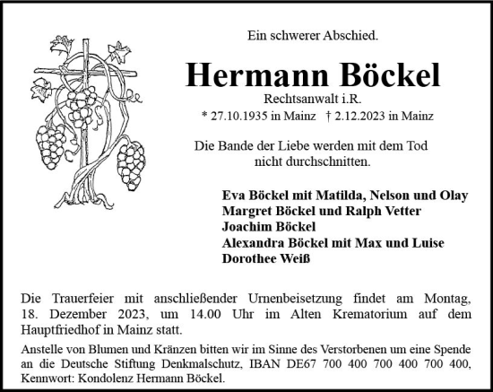 Traueranzeige von Hermann Böckel von Allgemeine Zeitung Mainz
