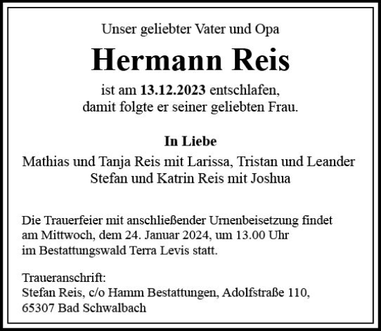 Traueranzeige von Hermann Reis von Wiesbadener Kurier