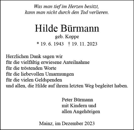 Traueranzeige von Hilde Bürmann von Allgemeine Zeitung Mainz