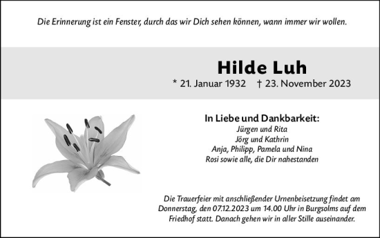 Traueranzeige von Hilde Luh von Wetzlarer Neue Zeitung