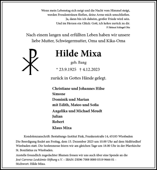 Traueranzeige von Hilde Mixa von Wiesbadener Kurier