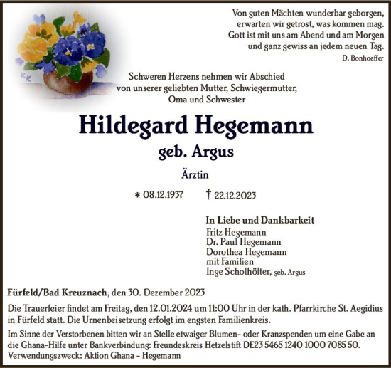 Traueranzeige von Hildegard Hegemann von Allgemeine Zeitung Bad Kreuznach
