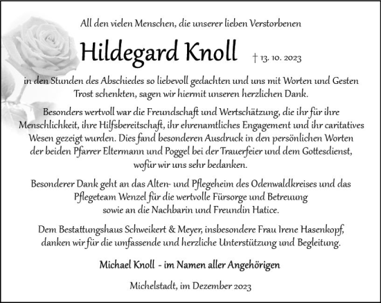 Traueranzeige von Hildegard Knoll von Odenwälder Echo