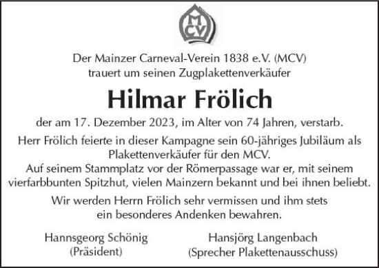 Traueranzeige von Hilmar Frölich von Allgemeine Zeitung Mainz