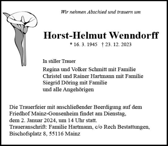 Traueranzeige von Horst-Helmut Wenndorff von Allgemeine Zeitung Mainz