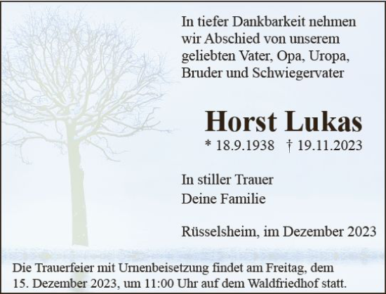 Traueranzeige von Horst Lukas von Rüsselsheimer Echo
