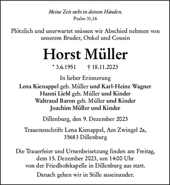 Traueranzeige von Horst Müller von Dill Block