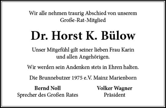Traueranzeige von Horst K. Bülow von Allgemeine Zeitung Mainz
