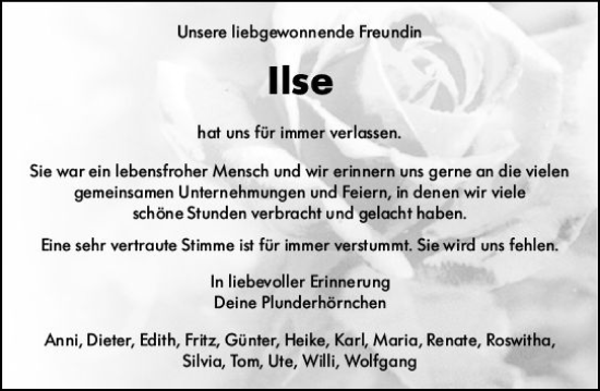 Traueranzeige von Ilse  von Allgemeine Zeitung Bingen/Ingelheim