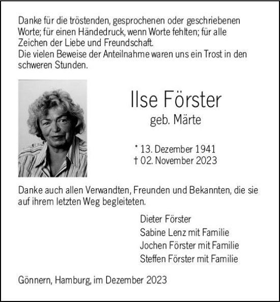 Traueranzeige von Ilse Förster von Hinterländer Anzeiger