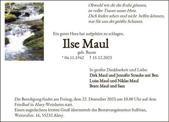 Traueranzeige von Ilse Maul von Allgemeine Zeitung Alzey