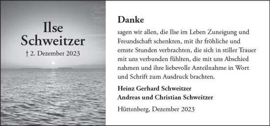 Traueranzeige von Ilse Schweitzer von Wetzlarer Neue Zeitung
