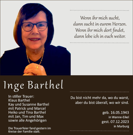 Traueranzeige von Inge Barthel von Dill Block