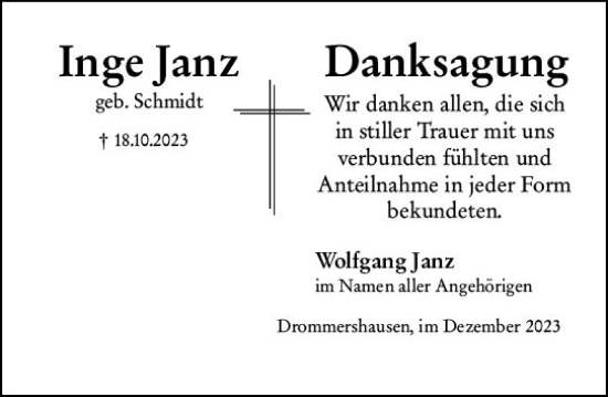Traueranzeige von Inge Janz von Weilburger Tageblatt