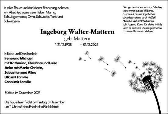 Traueranzeige von Ingeborg Walter-Mattern von Allgemeine Zeitung Bad Kreuznach