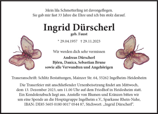 Traueranzeige von Ingrid Dürscherl von Allgemeine Zeitung Bingen/Ingelheim