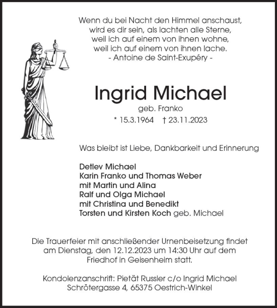 Traueranzeige von Ingrid Michael von Wiesbadener Kurier