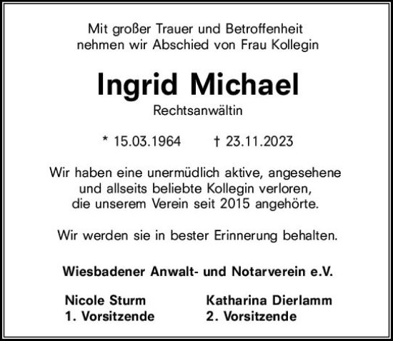 Traueranzeige von Ingrid Michael von Wiesbadener Kurier
