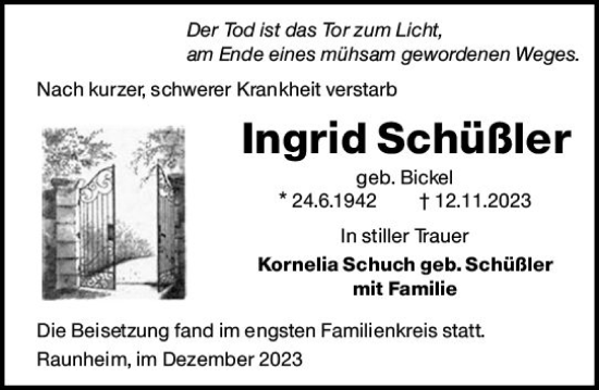 Traueranzeige von Ingrid Schüßler von Rüsselsheimer Echo