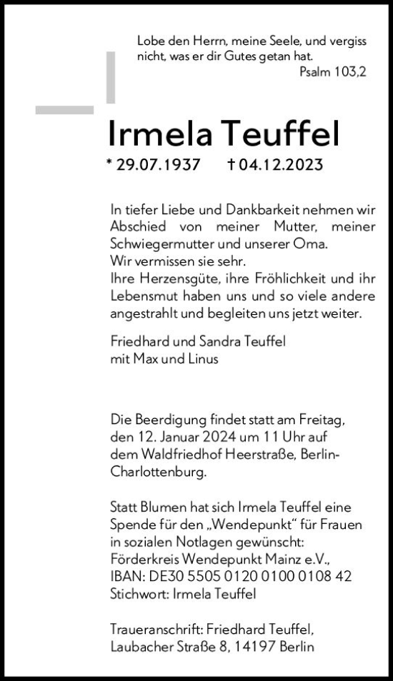 Traueranzeige von Irmela Teuffel von Allgemeine Zeitung Mainz