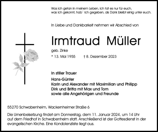 Traueranzeige von Irmtraud Müller von Allgemeine Zeitung Bingen/Ingelheim